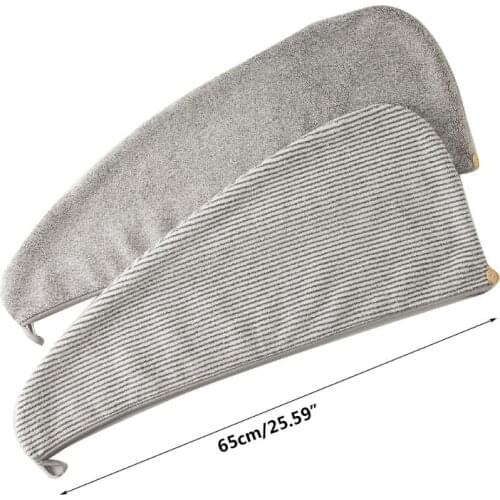 Bamboo Microfiber Hair Towel Wrap Gray Striped Quick Drying Shower Turban Cap with Button Absorbent Anti-Frizz Bath Hat