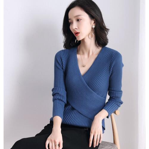 2019 Autumn Winter New Soft V-neck Sweaters and Pullovers for Women Warm Long-sleeved Solid Color Wild Jumper XZ612
