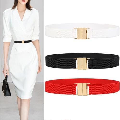 Fashion Womens cummerbunds Wide Belt Red Elastic Solid Casual wedding Waist gold buckle Belts Stretchy Waistband for Lady Dress