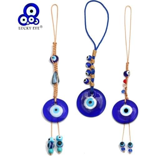 Lucky Eye Glass Blue Turkish Evil Eye Beads Pendant Wall Hanging Decor Braided Rope Chain Decoration for Home Living Room NB203