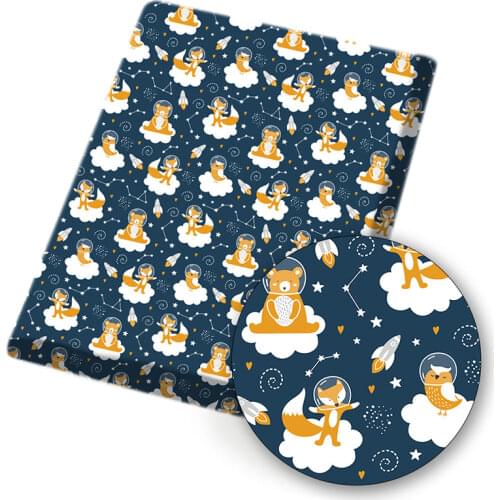 IBOWS Polyester Cotton Fabric Space Bear Fox Theme Printed Cloth Fabric Dress Garment Bag Home Textile DIY Sewing 45*145cm 80g