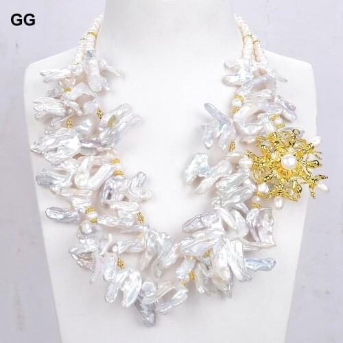 GG Jewelry 2 Strands Cultured White Keshi Pearl Necklace Cubic Zirconia Pave Flower connector 21" For Women
