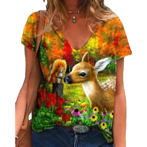 Cartoons Animals Funny Women T Shirt 2021 Summer Fashion Casual Pullover Tops Base V-Neck Short Sleeves Tees Print Girls T shirt