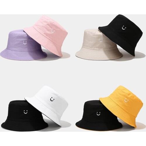 Double-sided Women Bucket Hat Candy Color Smile Face Sun Hat Ladies Outdoor Travel Beach Caps Fishermen Hats Korean Style Cap