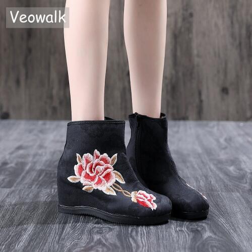 Veowalk Late Autumn Women Cotton Fabric Embroidered Short Ankle Boots Hidden Wedge Heel Vintage Ladies Booties Platform Shoes