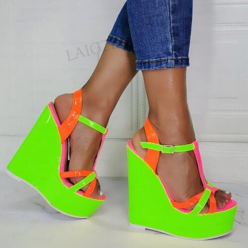 SEIIHEM Women Platform Wedges Pumps Strappy Colorful Ankle T Straps Sandals Female Footwear Shoes Woman Big Size 42 45 47 52