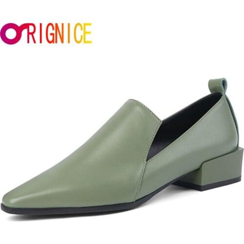 Orignice Women 2021 Spring Newest Genuine Leather Block Heels Pumps Female Classic Square Toe Office Ladies Working Basic Shoes