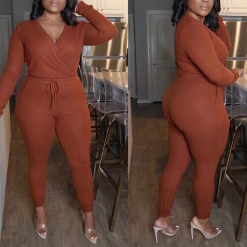2020 New Autumn Jumpsuit Women Plus Size 3xl 4xl Brown Long Sleeve Deep V Neck High Waist Elegant Fashion Daily Wear Rompers Hot