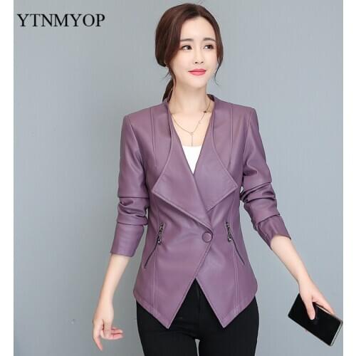 Women Leather Coat Spring Clothing Office Lady Fashion Jacket Female Autumn Leather Blazer One Button Plus Size 4XL YTNMYOP