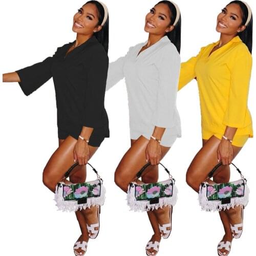 2021 Autumn Women Tracksuit Sportsuit Two Piece Set V-neck Shirt And Short Pants Solid Color High Street Matching Suit Outfit