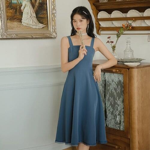 Dresses for Women 2021 Blue Gentle and Wild Sleeveless Sling Dress Summer French Fashion Retro First Love Dress