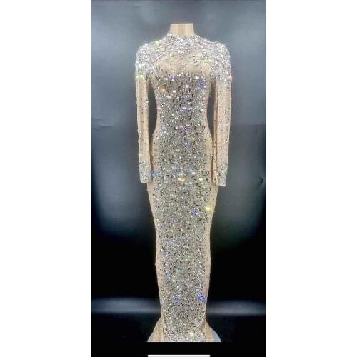 Luxurious Rhinestones Crystals Mesh Long Dresses Women Birthday Celebrate Evening Prom Gown Party Dress Singer Performance Wear