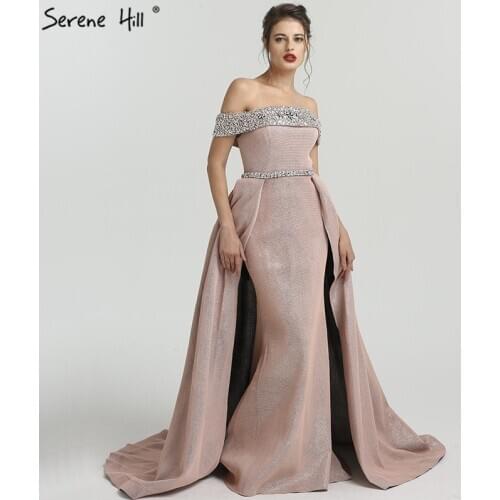 2020 DuBai Boat Neck Beading Luxury Pink Bling Sexy Evening Formal Dresses Gowns For Women Elegant Real Photo LA6549