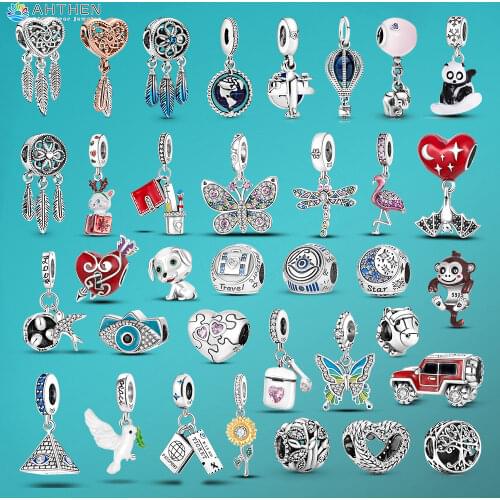 Ahthen 925 Sterling Silver Bead Heart Feathers Dreamcatcher Traditional Rickshaw Charms fit Original Pandora Bracelets Girl Gift