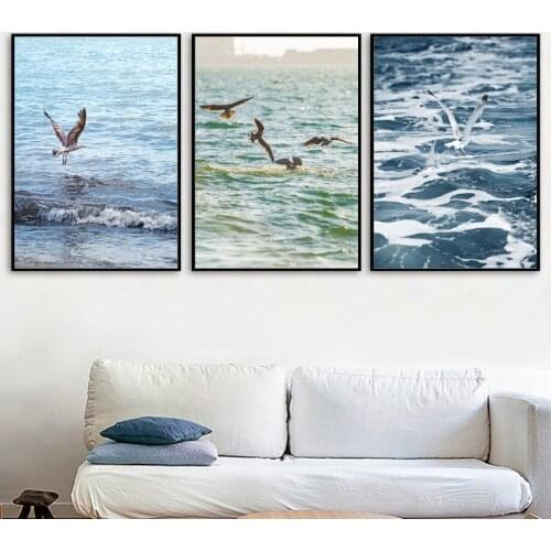 3 Pieces Blue Ocean Seagull Landscape Wall Art Canvas Painting Nordic Posters And Prints Wall Pictures For Living Room Bedroom