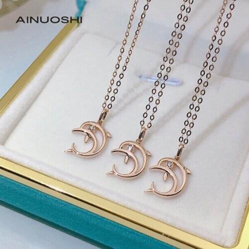 AINUOSHI 18K Gold 0.01ct Real Diamond Simple Cute Dolphin Pendant Necklace for Women Birthday Memorial Jewelry Gift 18"