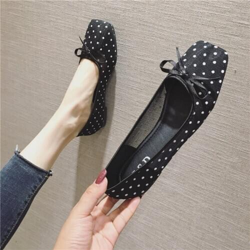 Mujer 2021New Spring Summer Ballet Flats Polka Dot Square Toe Butterfly Knot Shallow Casual Loafers Breathable Mesh Women Shoes