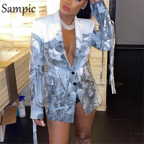 Sampic 2021 Autumn Winter Tie Dye Print Blazer Jackets Tops Women Casual Office Female Coat Fashion Skinny Long Blazer Suit