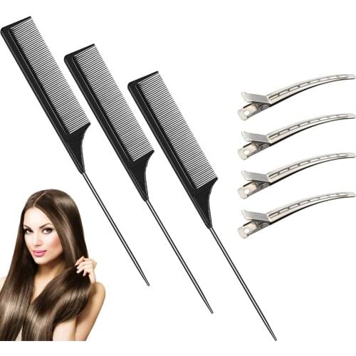 3Pcs Carbon Tail Comb Metal Pin Anti-static Rat Tail Comb Stainless Steel Pintail Comb Hair Styling with 4Pcs Alligator Clips