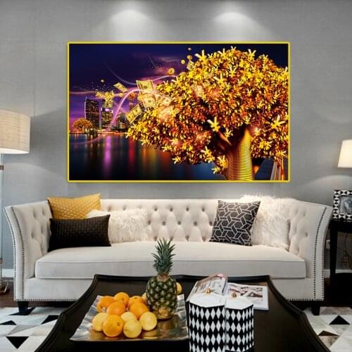Golden Money Tree Posters and Prints Modern City Nightscene Canvas Paintings Home Decoration Wall Art Picture For Living Room