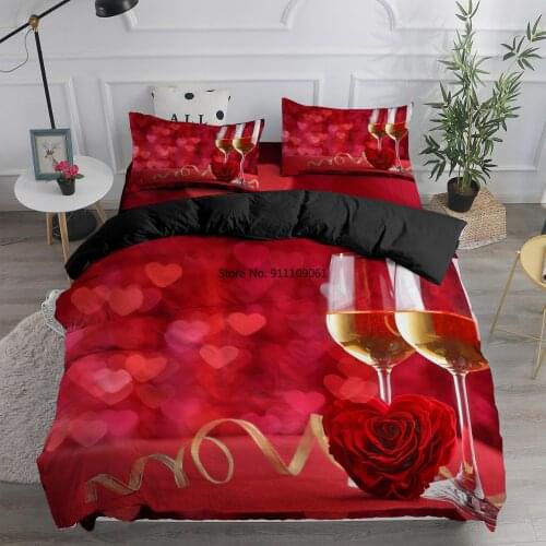 Happy Valentines Day Bedding Sets for Couple Lovers Heart Shape Romantic Rose Print 2/3pcs Duvet Cover Set 90x190 Double Bed