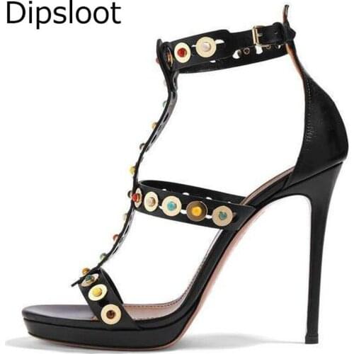 Summer Multicolors Beads Studs Strappy Open toe Sandals Woman Stiletto Heels Ankle Buckle Strap Female Celebrity Party Shoes