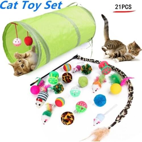 Cat Toy Set Tunnel Telescopic Interactive Funny Cat Stick Lifelike Mouse/Fish Stuffed Toys Dark Feather Pet Cat Chew Toy
