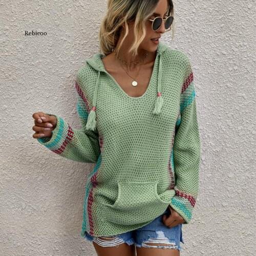 New Autumn V-Neck Sweater Patchwork Hooded Women Casual Long-Sleeved Knitted Sweater Tops Winter Elegant Pullover Sweater