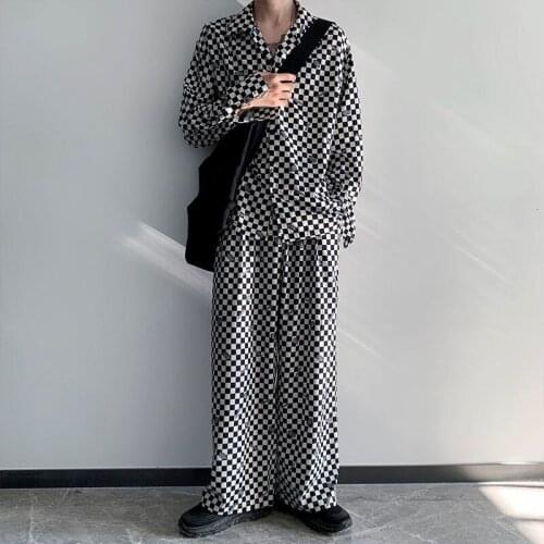 Autumn Plaid Sets Men Fashion Loose Casual Long-sleeved Shirt/trousers Two-piece Men Korean Oversized Mens Long Sets S-XL