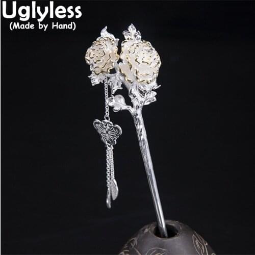 Uglyless 12 Moon-flower Hair Sticks for Women Elegant Romantic Floral Hair Jewelry Glossy 925 Silver Tassels Hair Accessories