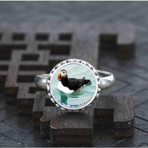 925 Sterling silver Ring Puffin Bird jewelry adjustable wedding