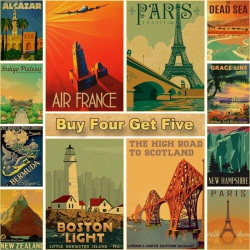 16 Styles Cities Landscape Poster Retro Kraft Paper Sticker Home Decoration Painting Poster Room Bar Wall Art Picture