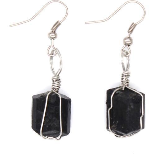 KFT Natural Healing Reiki Irregular Shape Black Tourmaline Stone Dangle Hook Earrings Fashion Wire Wrapped Jewelry