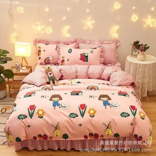 Net red Korean version of small fresh bed skirt twill sanding four piece set princess style thickened bed sheet quilt cover