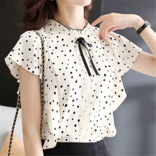 Korean Style All-Match Chiffon Shirts Elegant short Sleeve Ruffle Blouses Dots Bow-Knot Women Loose White Tops Blusesr MM0793