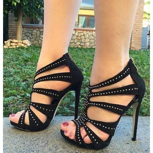 Big Size Hollow Rivet Sandals Peep Toe Cut Out Ankle Bootie Summer Spring Woman Runway Shoes Zip High Heel Dress Ladies Boots