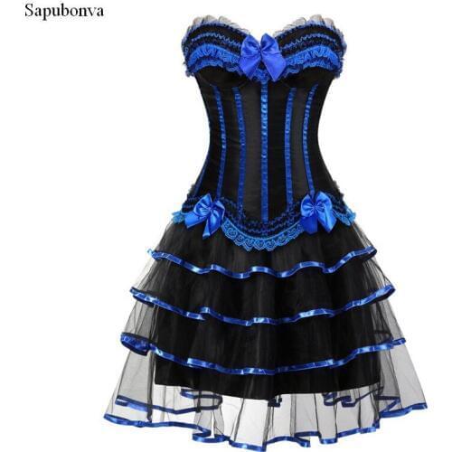 Burlesque corset dress and skirt set costumes vintage striped floral lace dress corset bustier tank top for women plus size blue