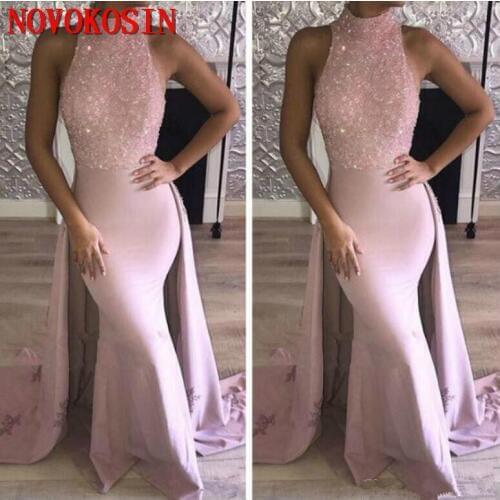 2019 Vintage Satin Beaded Crystal Appliqued Halter Guest Dress Evening Dress Elegant Pink Stunning Train Party Prom Dress