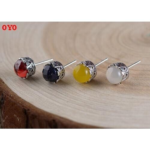 100% authentic S925 solid silver earrings simple and stylish fresh womens natural chalcedony earrings