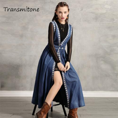 2PCS Denim Womens Dresses 2019 Vintage Autumn Embroidery Women O-neck Dresses Long Sleeve Black Vestidos A82183