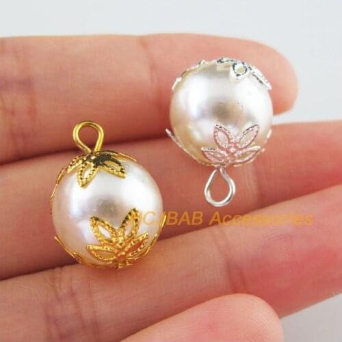 20Pcs Gold Silver Plated Flower Round Acrylic White Beads Charms Pendants 14mm