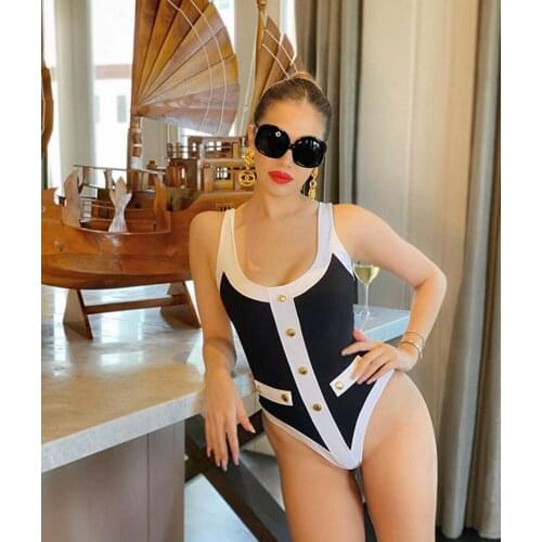 2021 Fashion Women Sleeveless Black White Patchwork Button Bodysuit