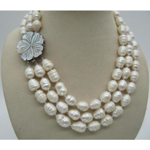 3 ROW 9-10MM NATURAL WHITE SOUTH SEA BAROQUE PEARL NECKLACE 17-19INCH beautiful