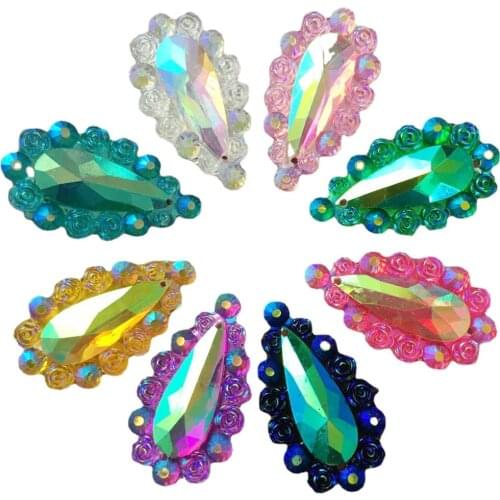 Shiny Colorful 20PCS 16*28mm AB Resin Drop Rose Flatback Rhinestone Scrapbook Wedding 2 Hole Applique DIY Ornament Crafts SR25A