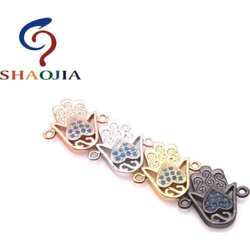 SHAOJIA Brand Fits Making DIY Charm Bracelet Necklace Accessories Inlaid Blue Zircon Hand Heart Shape Metal Beads Charm Jewelry