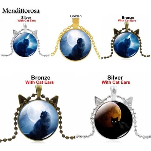 Mendittorosa Blue Moon Black Cat Glass Cabochon Anime Jewelry With Silver Plated Choker Long Pendant Necklace