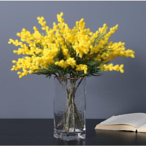 38cm White/Yellow Artificial Acacia Yellow Mimosa Plush Pudica Spray Cherry Silk Fake Flower Wedding Party Decor Red Bean Plant