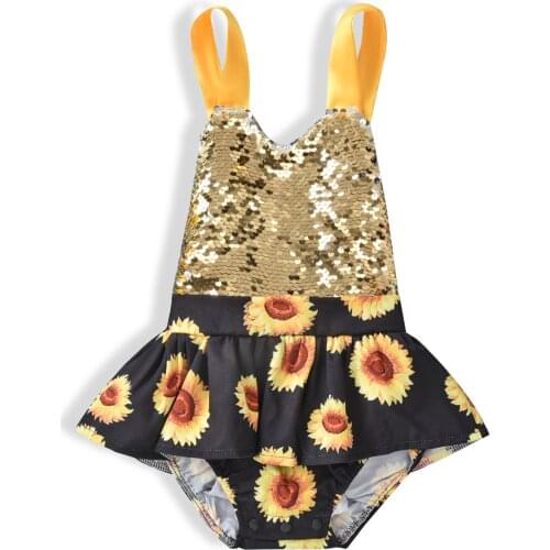 0-12M Summer Cute Baby Girls Romper Dress Sunflowers Printed Sequined Strapless Jumpsuits