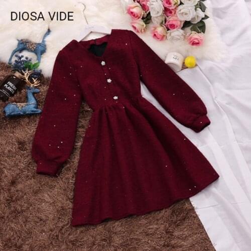 Temperament V-neck Lantern Sleeve Pearl Buckle Waist Joker Hemp Puff Dress 2020 New