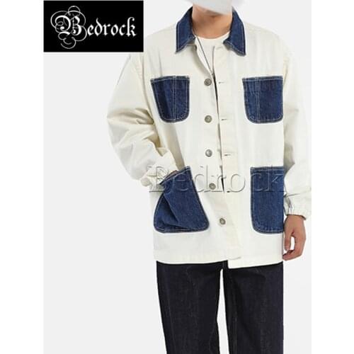 MMC 12OZ cotton shell Raw Denim mid-length jacket washed mens white stitching blue pocket railroad tooling jacket 3044